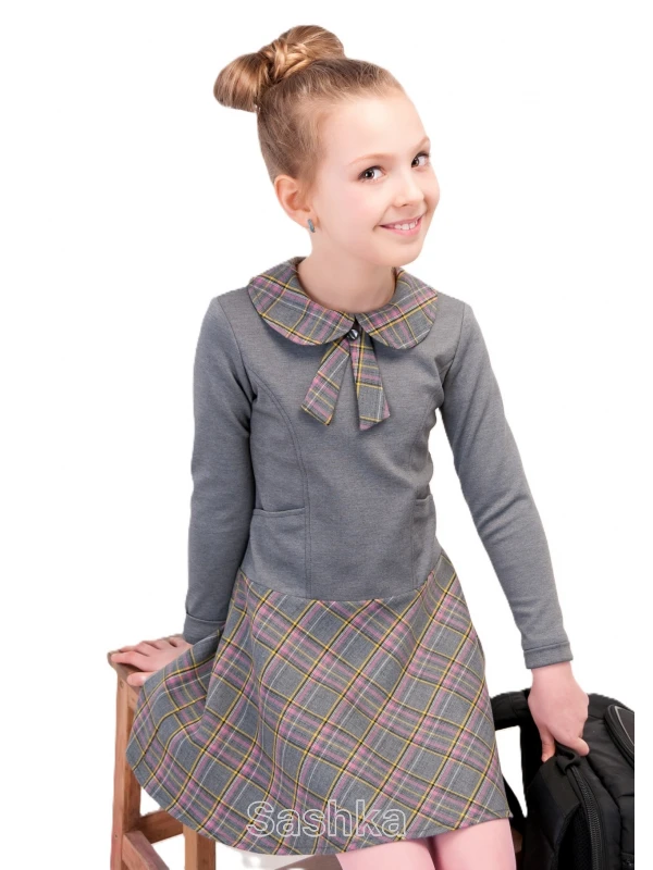 Сукня для дівчинки Sashka шкільна сіра з клітинкою, розмір 116-152